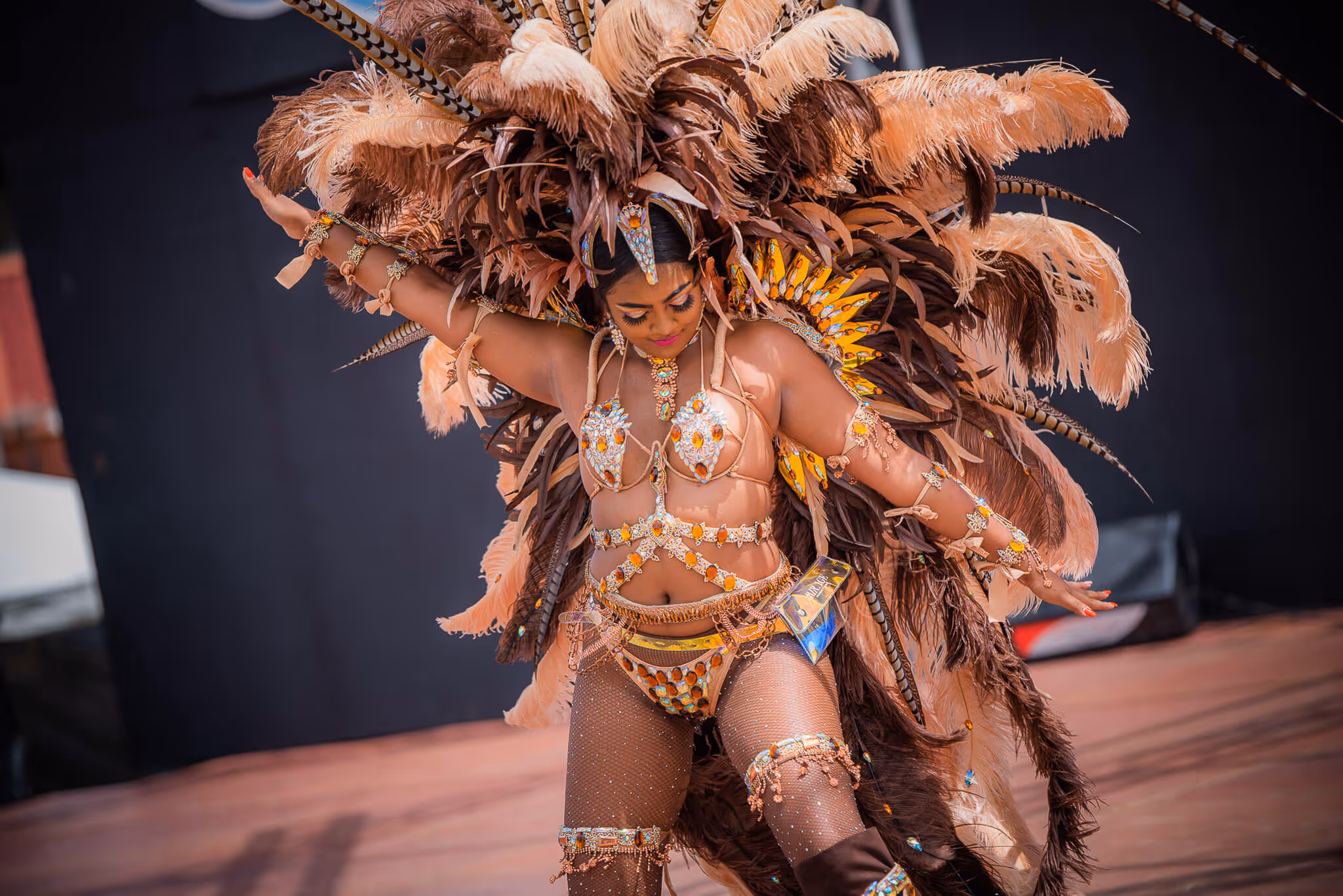 Dancer wearing an elaborate carnival costume with brown and peach feathers, adorned with jeweled decorations and fishnet stockings, posing with arms extended.