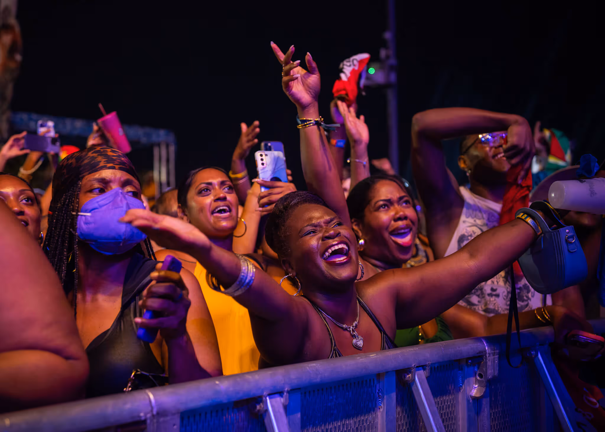Excited diverse crowd cheering with raised arms at a nighttime outdoor concert.